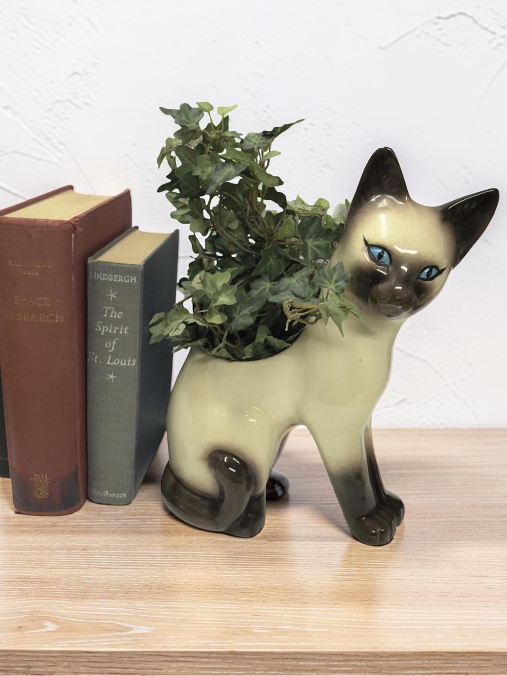 Vintage Mid-Century Modern Ceramic Siamese Cat Planter 12”
